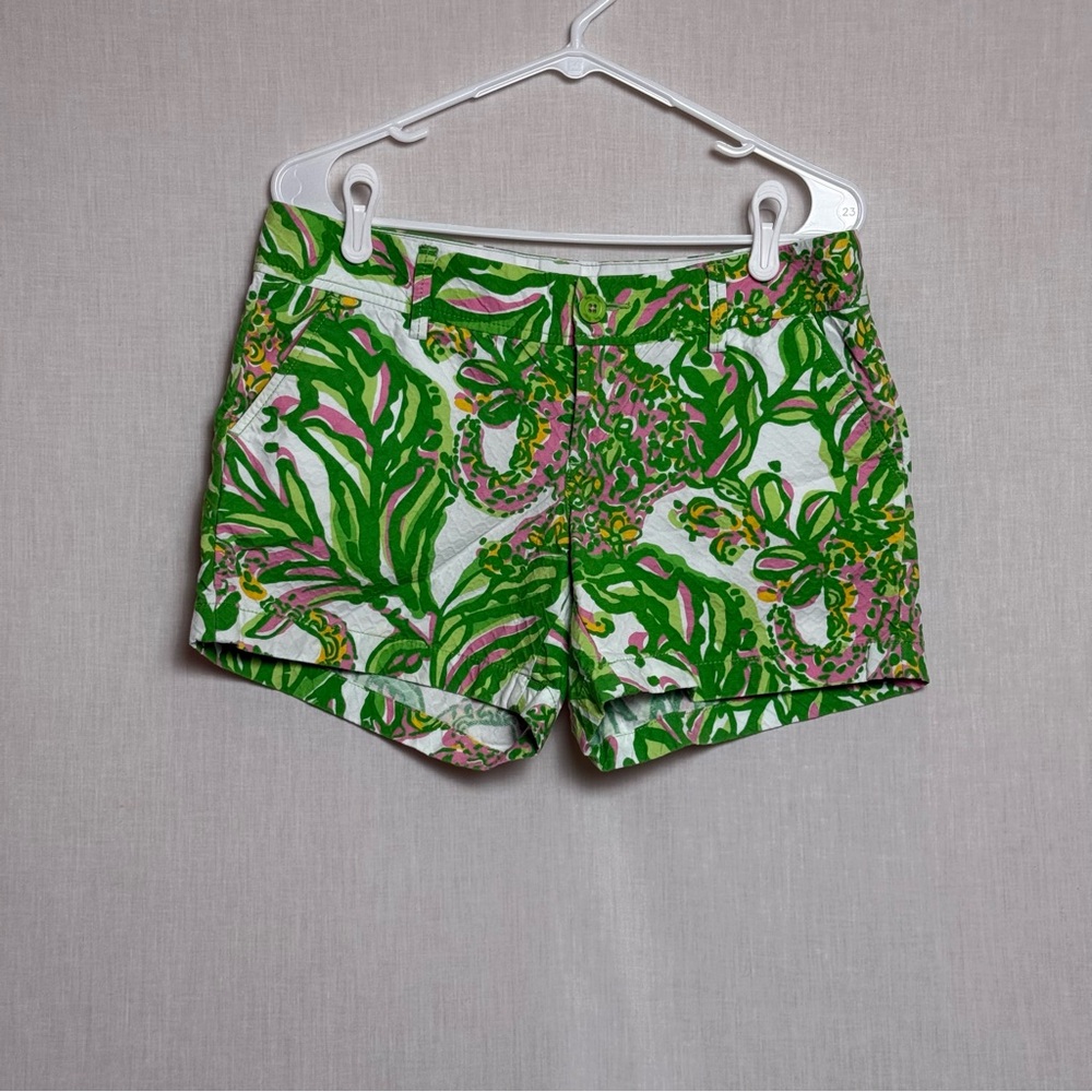 Lilly Pulitzer Callahan Shorts Womens Size 8 Green Pink Tropical Print Cotton